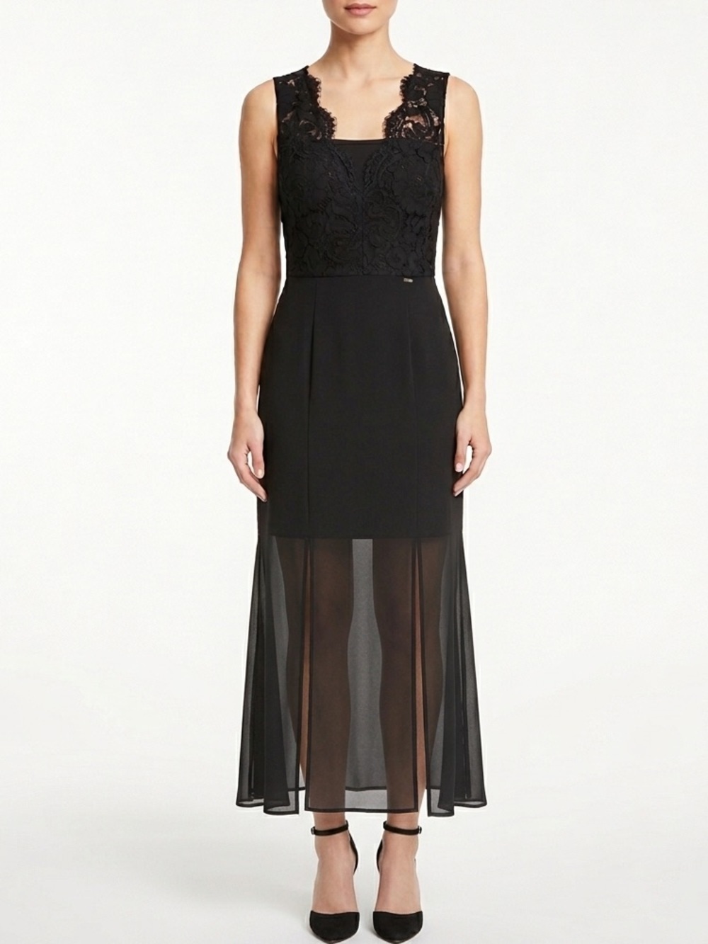 NWT Gaudi Italy Lace Chiffon Maxi Dress Black Formal Semi Sheer Sz 42